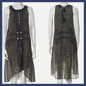 SEA NY silk cotton Geometric Midi Dress sz 2 XS  green navy crochet